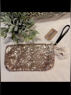 Anthropologie Jade-tribe Rose Gold Metallic Sequins Wristlet Make-up  Pouch Bag